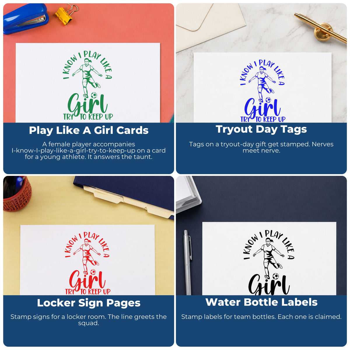 Four ways to use the Vintage Pro I Know I Play Like A Girl, Try To Keep Up Premium Wooden Stamp: play like a girl cards, tryout day tags, locker sign pages and water bottle labels.
