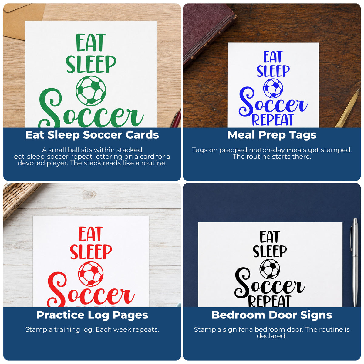Four ways to use the Eat Sleep Soccer Repeat Premium Wood-Mounted Stamp - Vintage Pro: eat sleep soccer cards, meal prep tags, practice log pages and bedroom door signs.