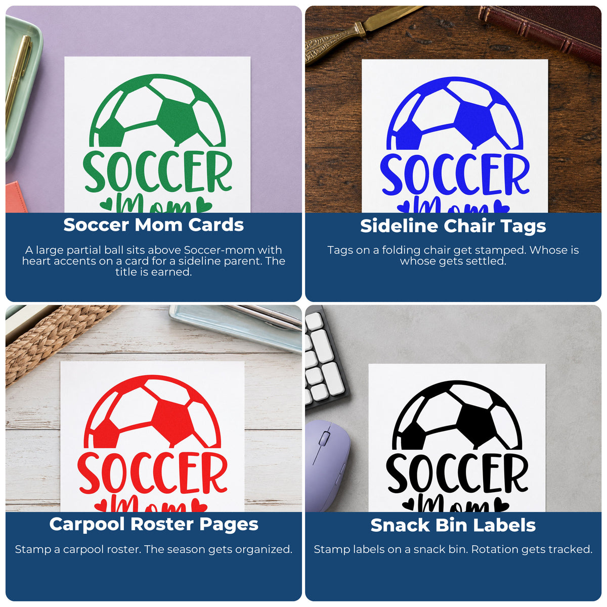 Four ways to use the Soccer Mom Ball Wood-Mounted Rubber Stamp: soccer mom cards, sideline chair tags, carpool roster pages and snack bin labels.