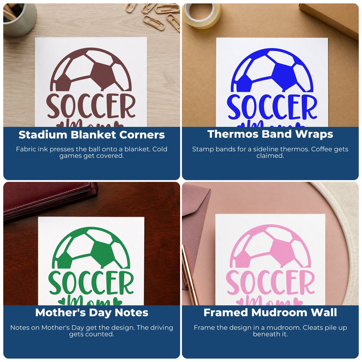 Four ways to use the Soccer Mom Ball Wood-Mounted Rubber Stamp: stadium blanket corners, thermos band wraps, mother's day notes and framed mudroom wall.