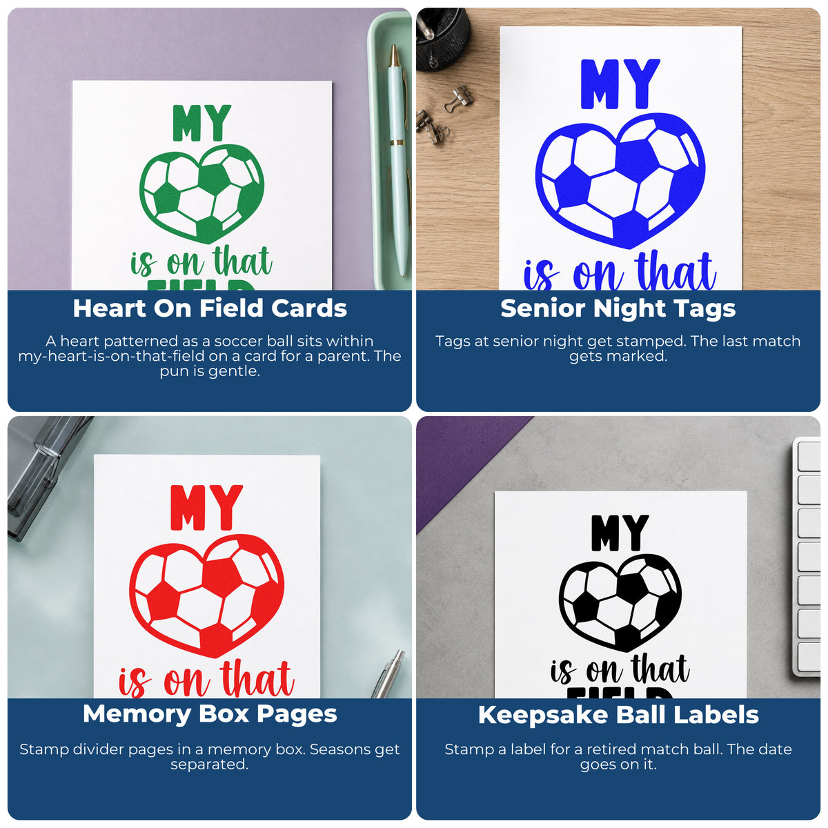 Four ways to use the My Heart On The Soccer Field PSI Pre-Inked Stamp: heart on field cards, senior night tags, memory box pages and keepsake ball labels.