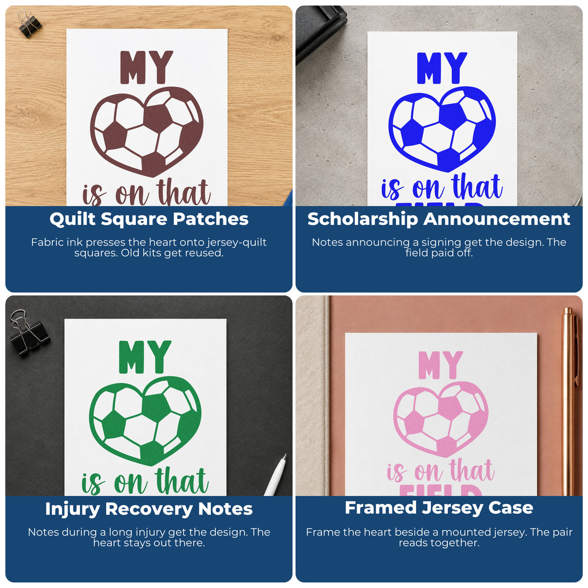 Four ways to use the My Heart On The Soccer Field Pre-Inked Stamp – Slim: quilt square patches, scholarship announcement, injury recovery notes and framed jersey case.
