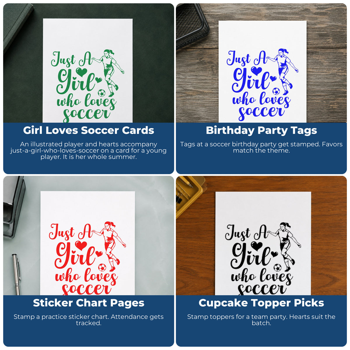 Four ways to use the Girl Who Loves Soccer Player With Hearts Stamp - Premium Vintage Pro Wooden: girl loves soccer cards, birthday party tags, sticker chart pages and cupcake topper picks.