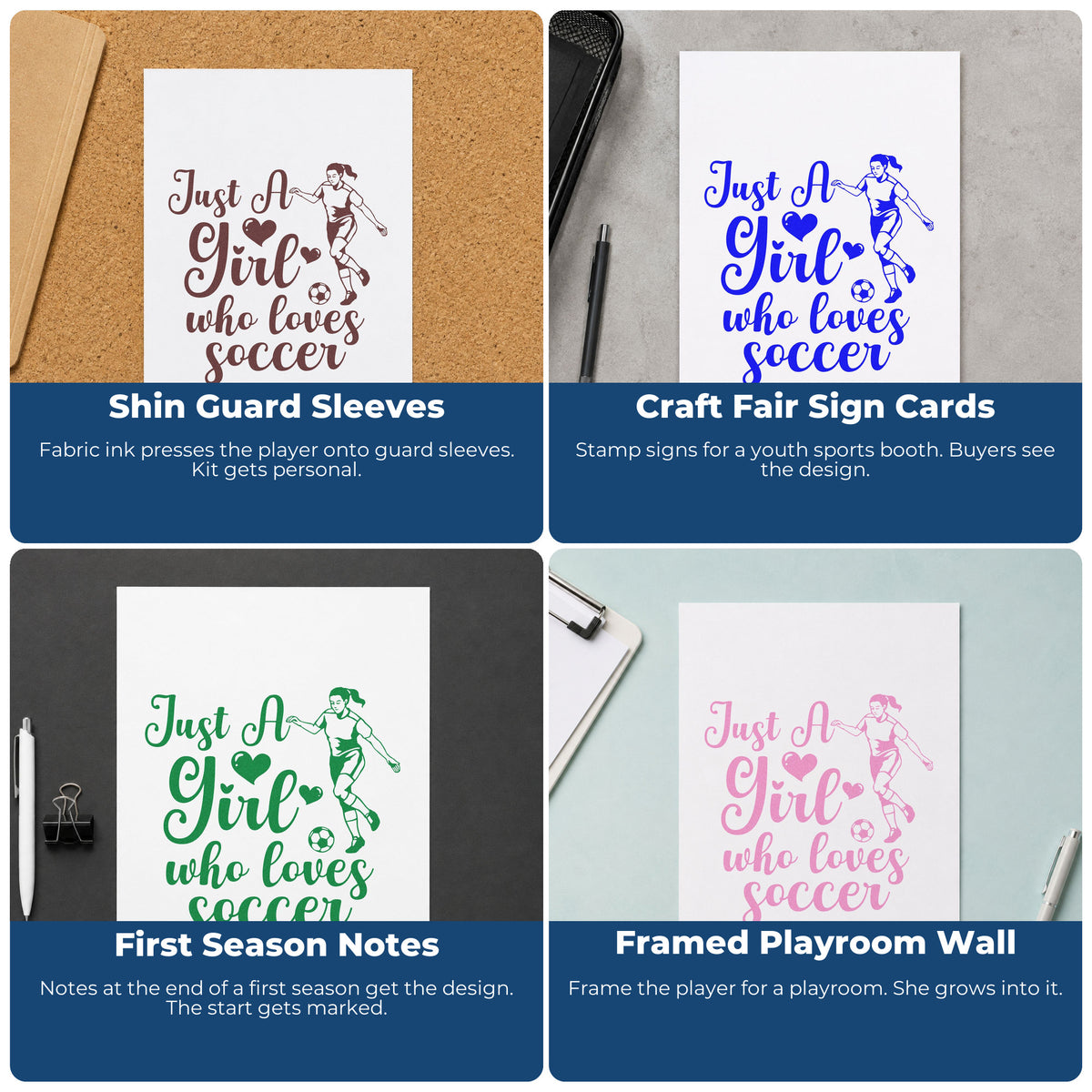 Four ways to use the Girl Who Loves Soccer Player With Hearts Slim Pre-Inked Stamp: shin guard sleeves, craft fair sign cards, first season notes and framed playroom wall.