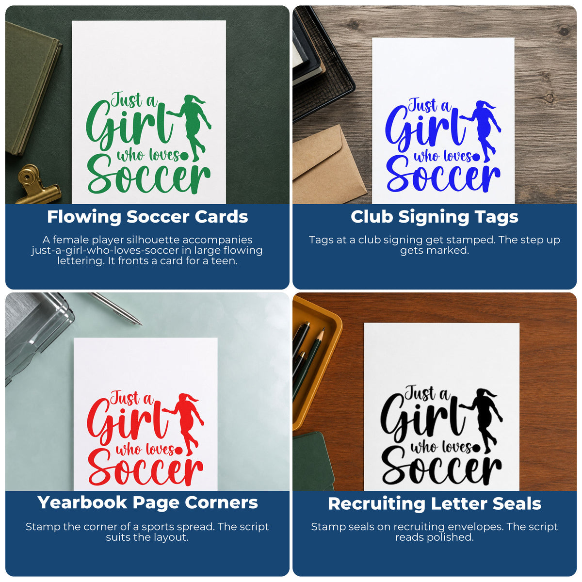 Four ways to use the Girl Who Loves Soccer Silhouette Stamp – Slim Pre-Inked: flowing soccer cards, club signing tags, yearbook page corners and recruiting letter seals.