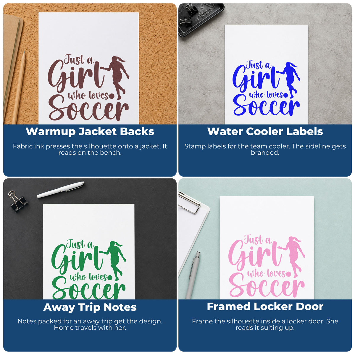 Four ways to use the Girl Who Loves Soccer Silhouette Rubber Stamp – Wood Handle: warmup jacket backs, water cooler labels, away trip notes and framed locker door.