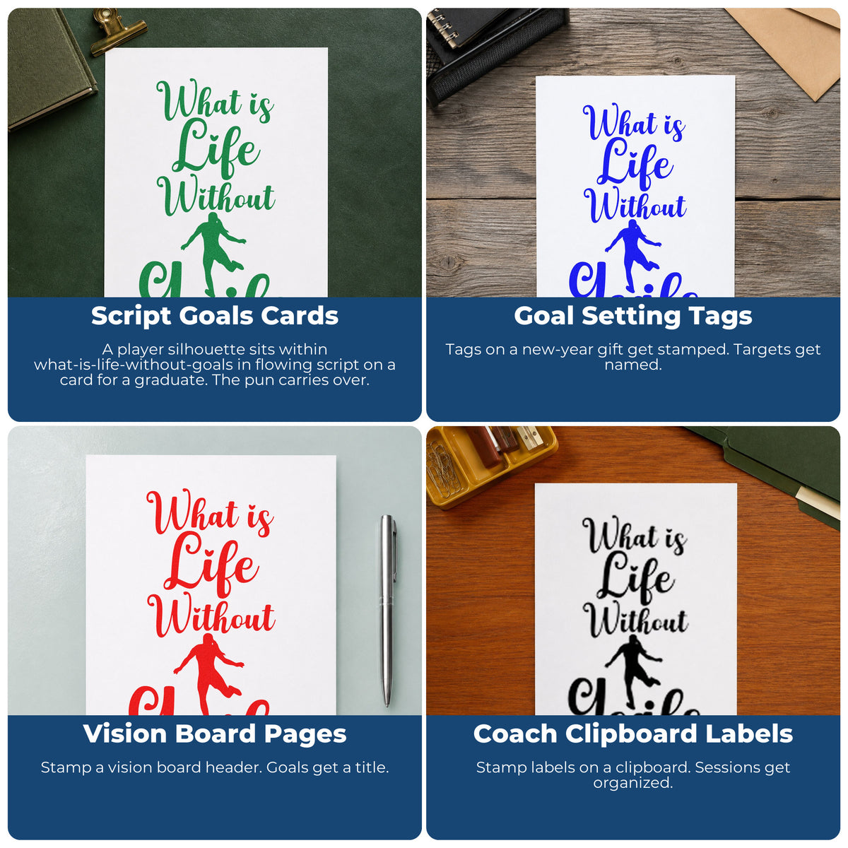 Four ways to use the Life Without Goals Script Rubber Stamp – Duo Hand: script goals cards, goal setting tags, vision board pages and coach clipboard labels.
