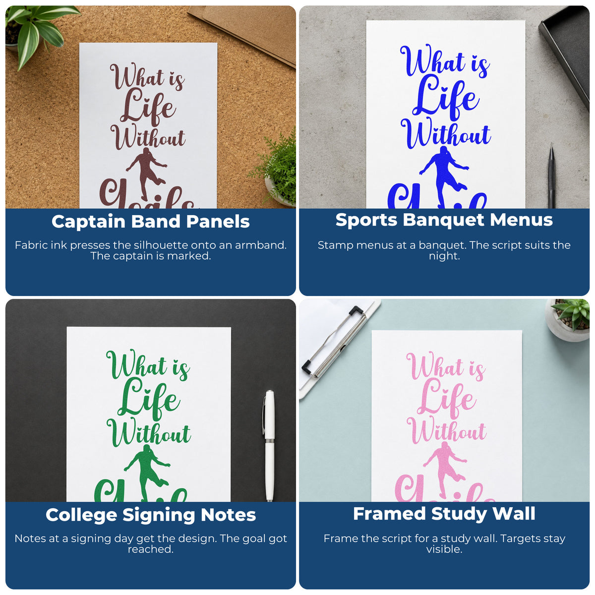 Four ways to use the Life Without Goals Script Pre-Inked Stamp – PSI: captain band panels, sports banquet menus, college signing notes and framed study wall.