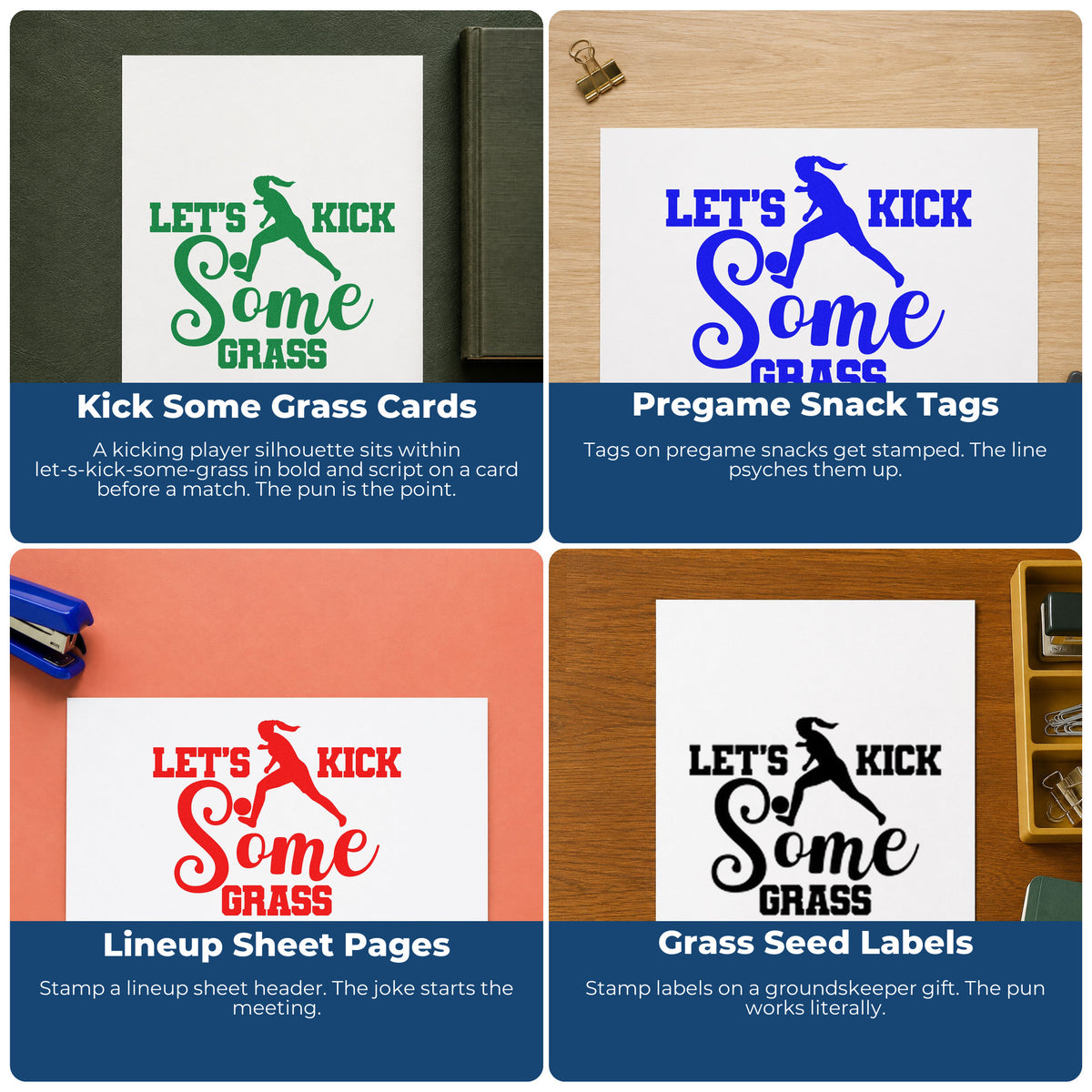 Four ways to use the Let's Kick Some Grass Premium Wood-Mounted Stamp - Vintage Pro: kick some grass cards, pregame snack tags, lineup sheet pages and grass seed labels.