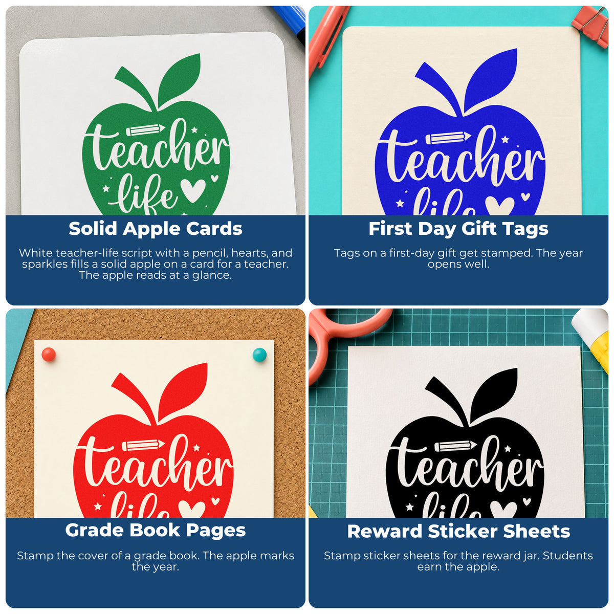 Four ways to use the Teacher Life Apple Pencil Wood Handle Stamp: solid apple cards, first day gift tags, grade book pages and reward sticker sheets.