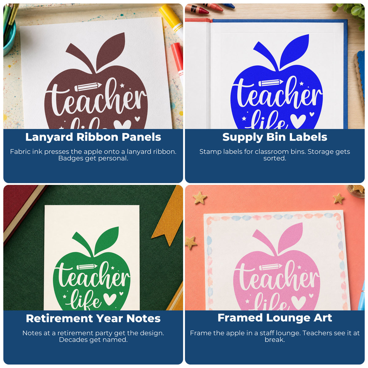 Four ways to use the Teacher Life Apple Pencil Rubber Stamp – Duo Hand: lanyard ribbon panels, supply bin labels, retirement year notes and framed lounge art.