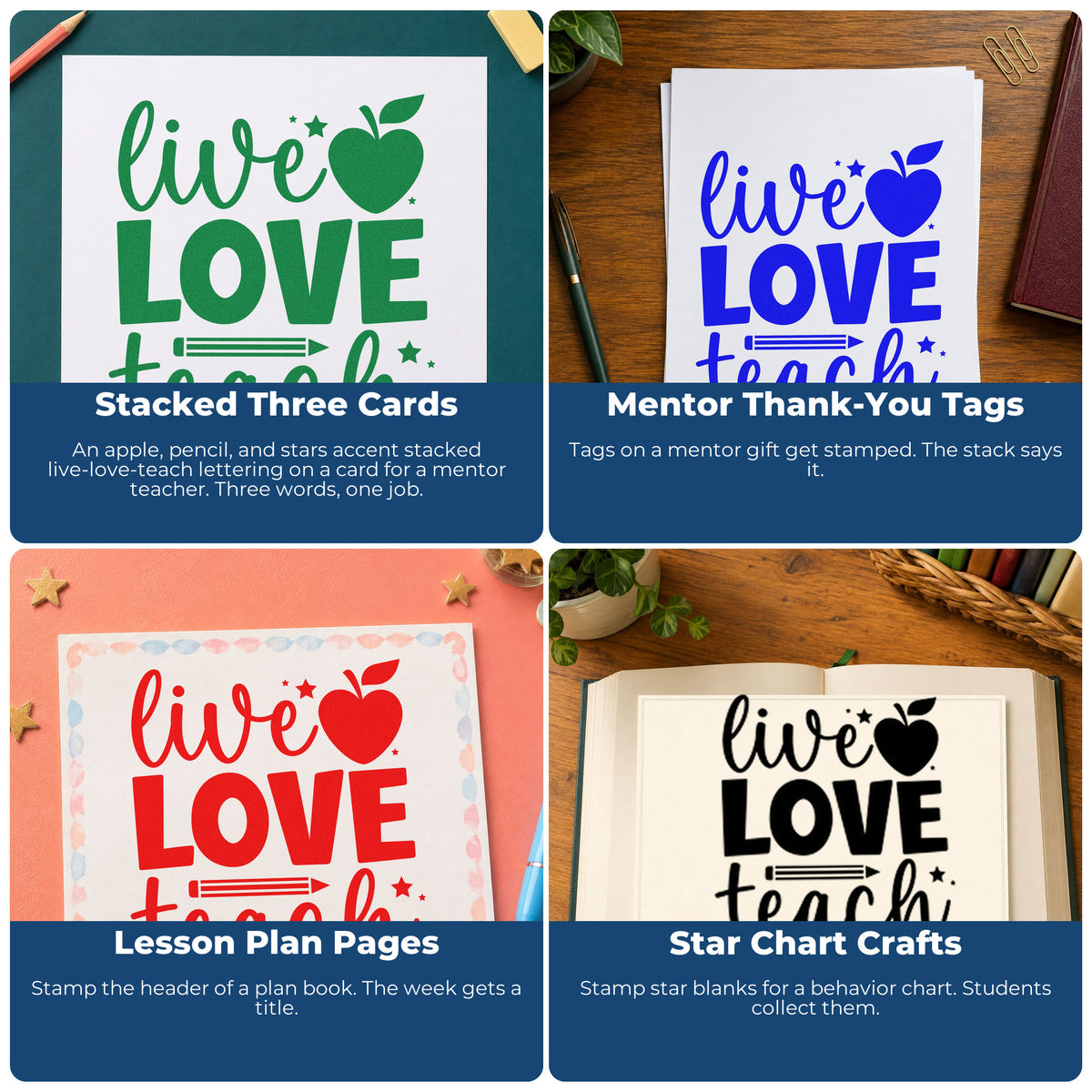 Four ways to use the Live Love Teach Apple Rubber Stamp – Wood Handle: stacked three cards, mentor thank-you tags, lesson plan pages and star chart crafts.