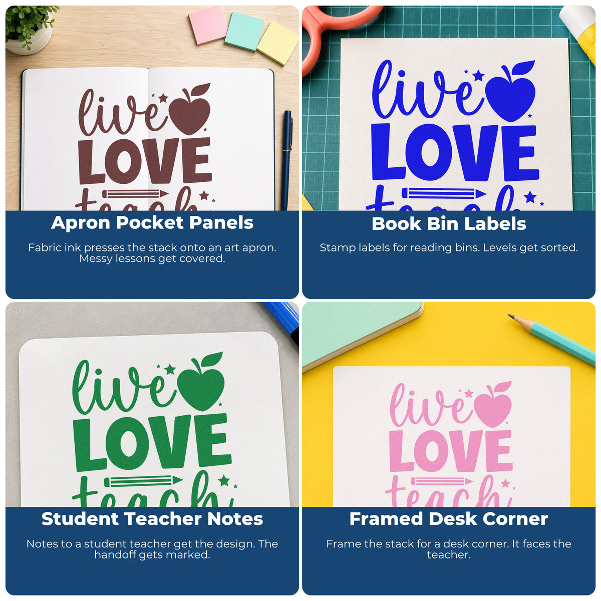 Four ways to use the Live Love Teach Apple Rubber Stamp – Wood Handle: apron pocket panels, book bin labels, student teacher notes and framed desk corner.