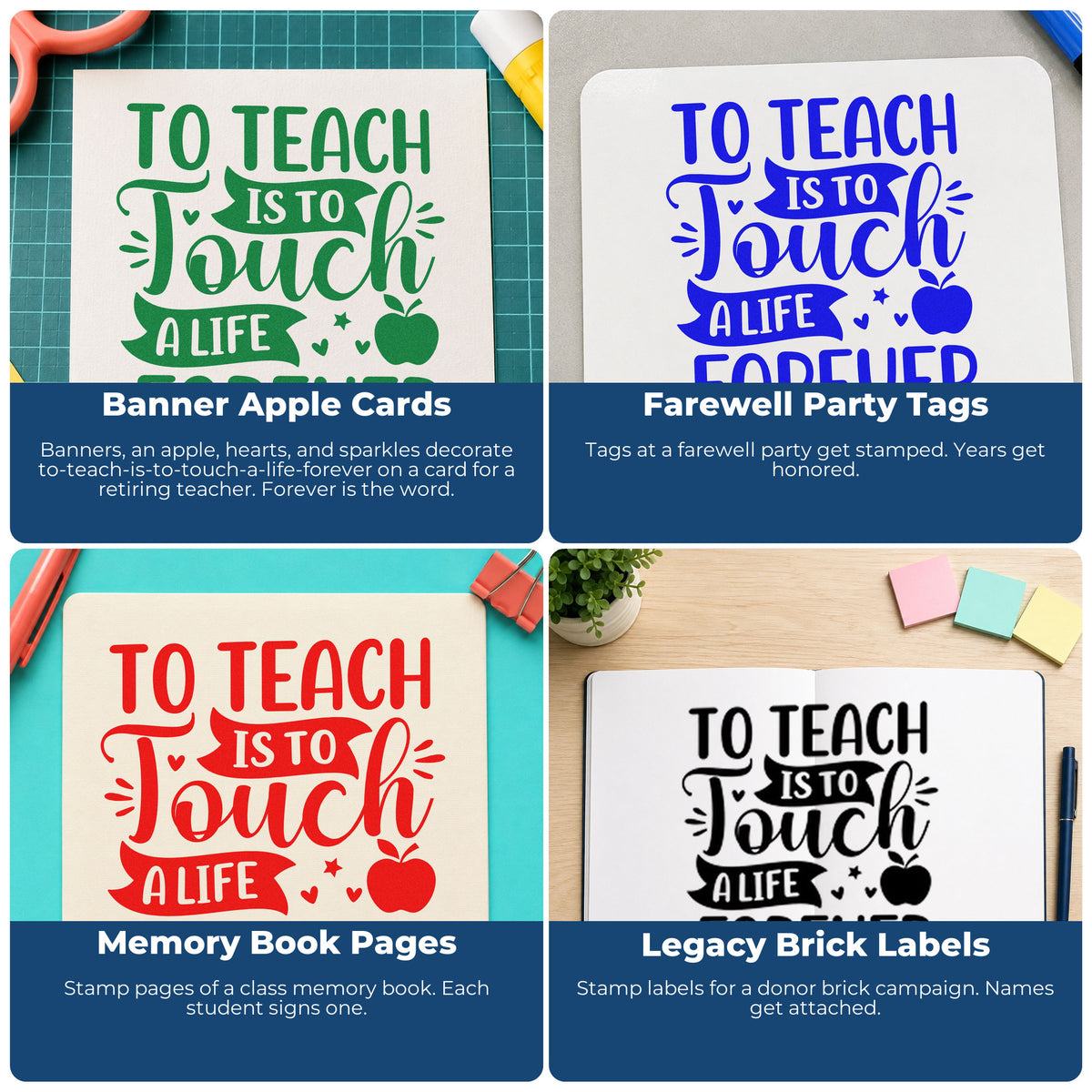 Four ways to use the To Teach Is To Touch Stamp – Self-Inking: banner apple cards, farewell party tags, memory book pages and legacy brick labels.