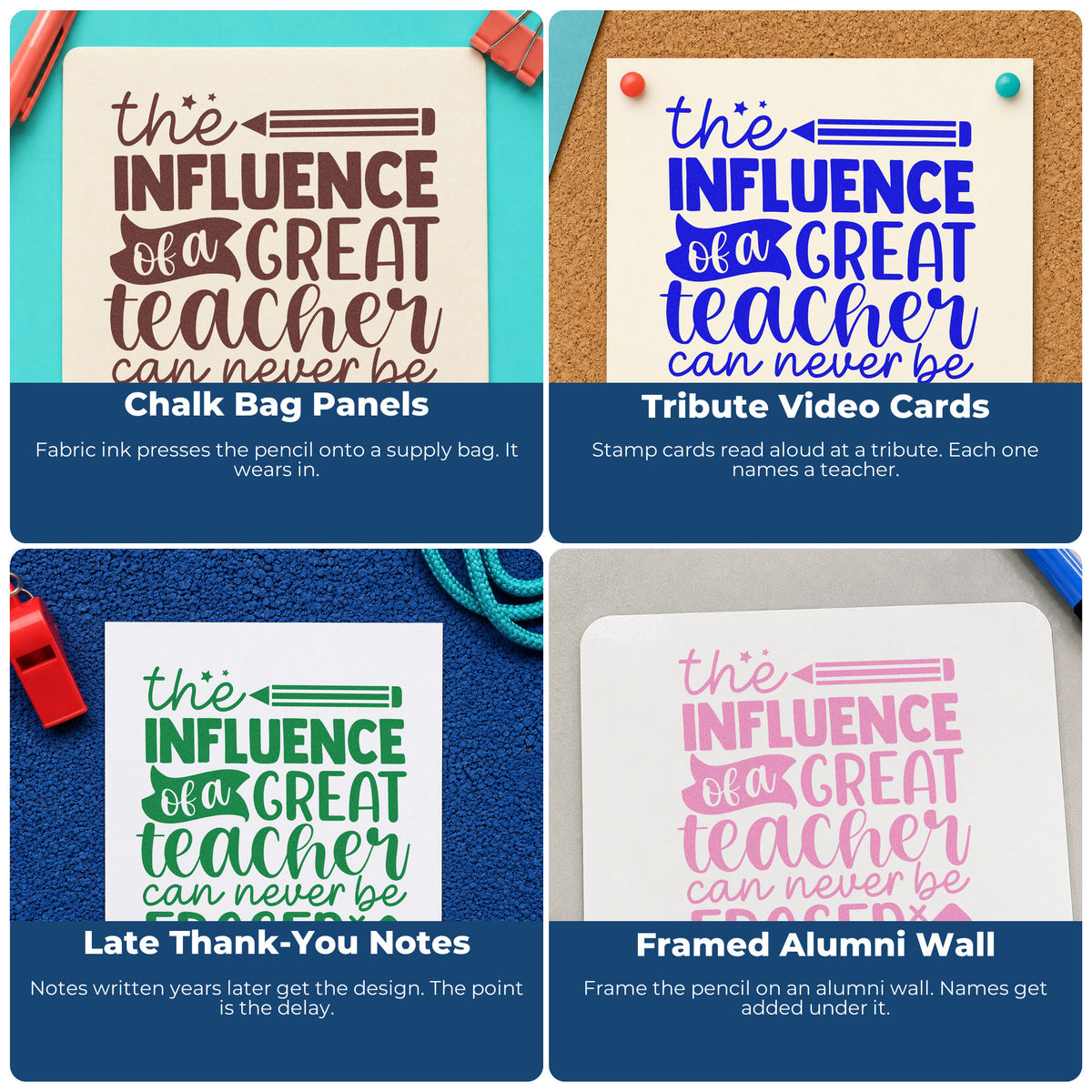 Four ways to use the Great Teacher Influence Compact Pre-Inked Stamp – Slim: chalk bag panels, tribute video cards, late thank-you notes and framed alumni wall.