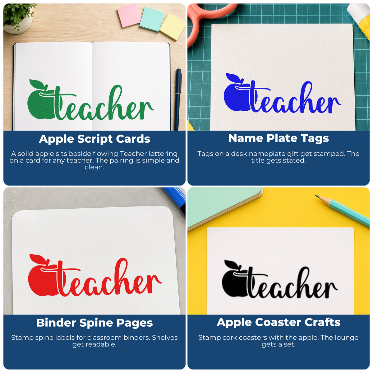 Four ways to use the Flowing Teacher Apple Script Stamp - Premium Vintage Pro Wooden: apple script cards, name plate tags, binder spine pages and apple coaster crafts.