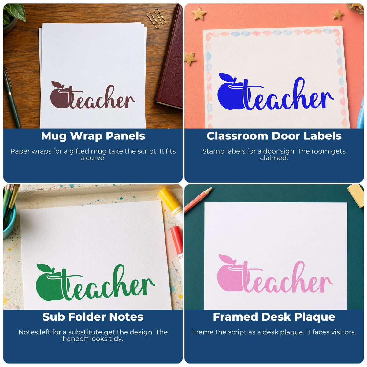 Four ways to use the Flowing Teacher Apple Script Rubber Stamp – Duo Hand: mug wrap panels, classroom door labels, sub folder notes and framed desk plaque.