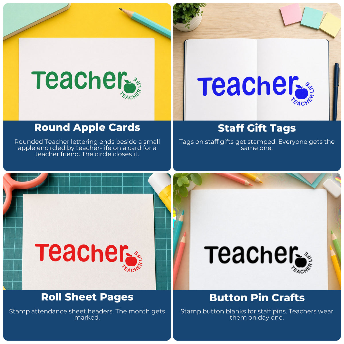 Four ways to use the Teacher Life Apple Stamp – Slim Pre-Inked: round apple cards, staff gift tags, roll sheet pages and button pin crafts.