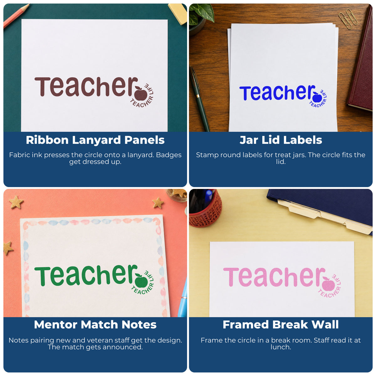 Four ways to use the Teacher Life Apple Rubber Stamp – Wood Handle: ribbon lanyard panels, jar lid labels, mentor match notes and framed break wall.