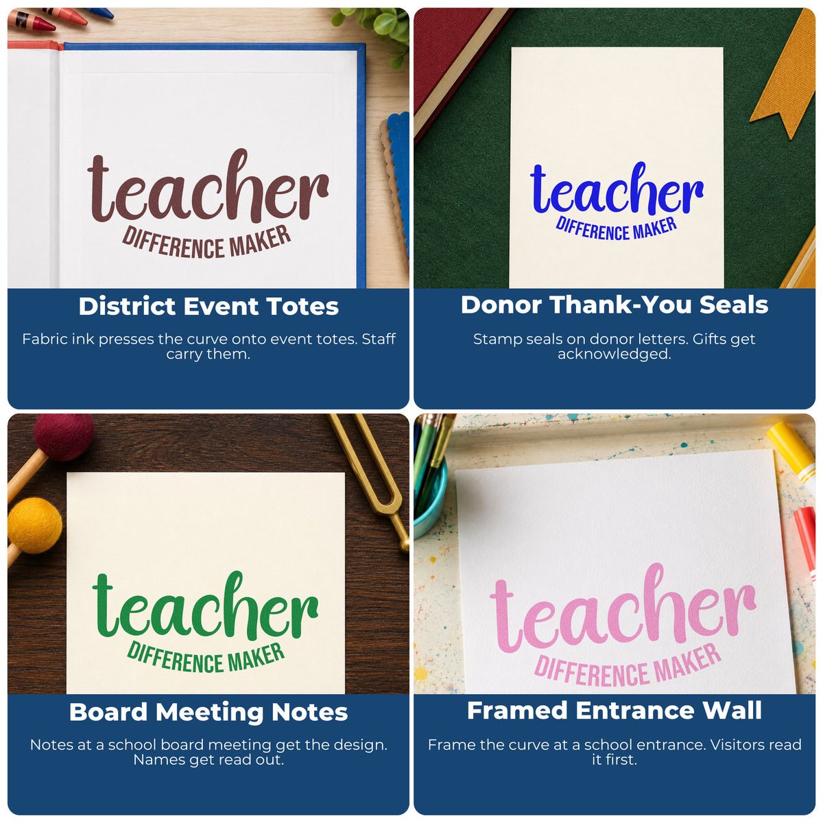 Four ways to use the Premium Wooden Teacher Difference Maker Lettering Stamp - Vintage Pro: district event totes, donor thank-you seals, board meeting notes and framed entrance wall.