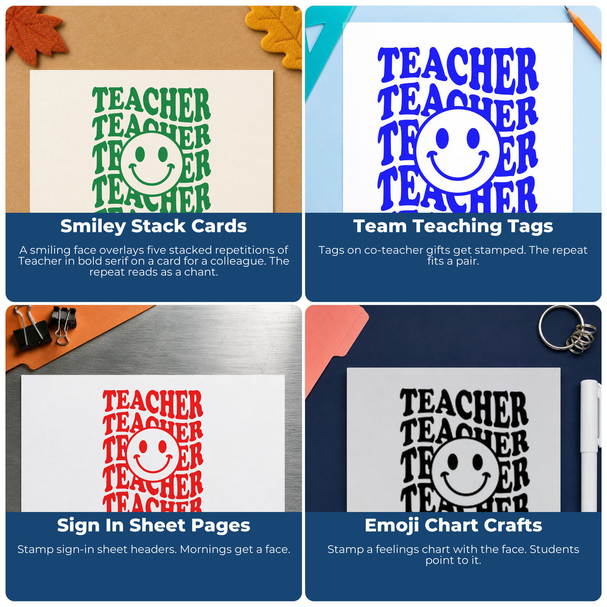 Four ways to use the Pre-Inked Teacher Smiley Stack Stamp – PSI: smiley stack cards, team teaching tags, sign in sheet pages and emoji chart crafts.