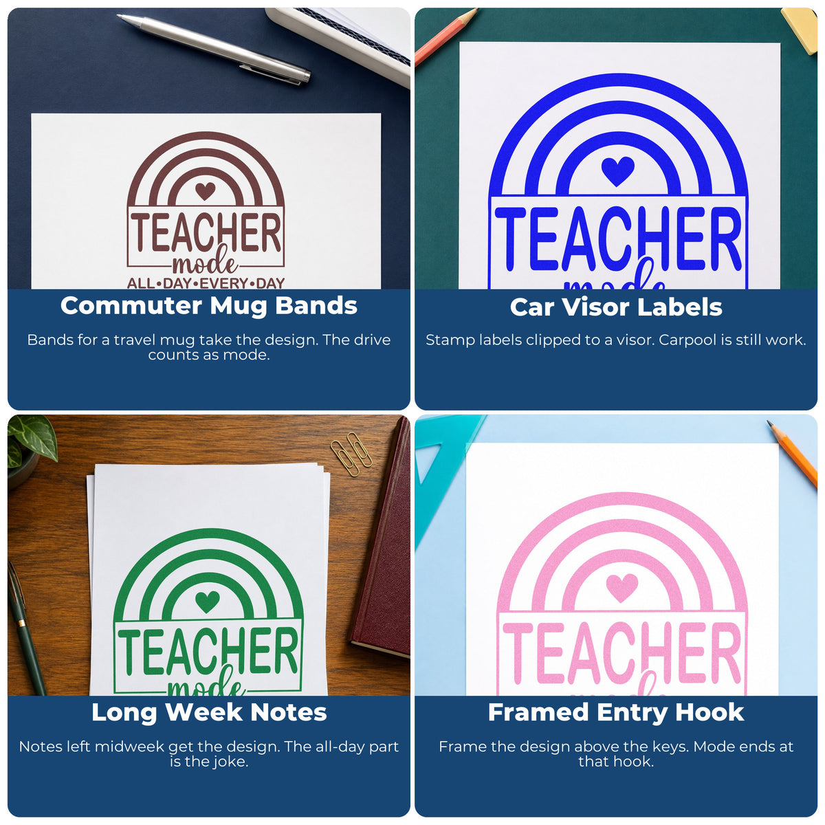 Four ways to use the Teacher Mode Rainbow With Hearts Wood Handle Stamp: commuter mug bands, car visor labels, long week notes and framed entry hook.