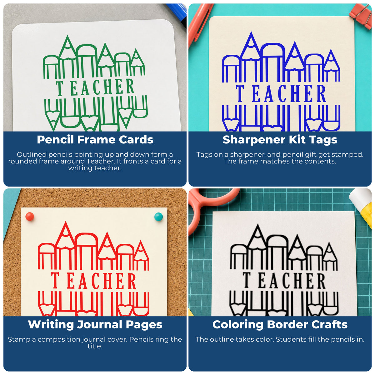 Four ways to use the Teacher Pencil Circle Self-Inking Stamp: pencil frame cards, sharpener kit tags, writing journal pages and coloring border crafts.