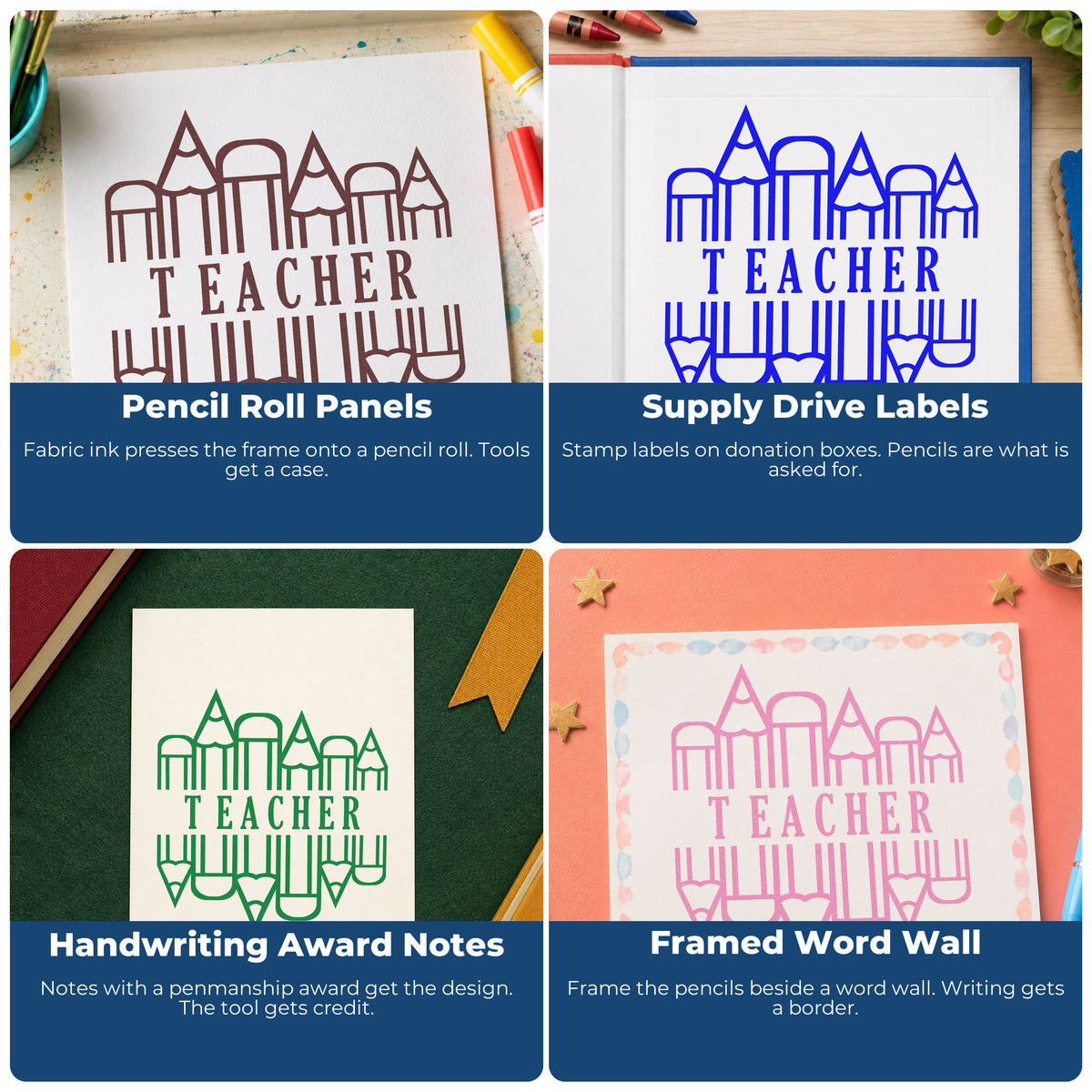Four ways to use the Teacher Pencil Circle Self-Inking Stamp: pencil roll panels, supply drive labels, handwriting award notes and framed word wall.
