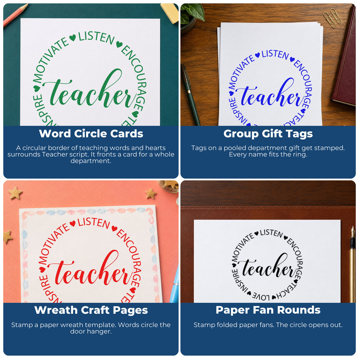 Four ways to use the Teacher Motivate Inspire Circle PSI Pre-Inked Stamp: word circle cards, group gift tags, wreath craft pages and paper fan rounds.