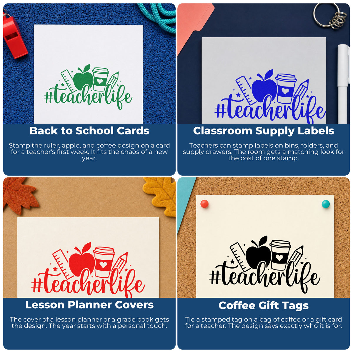 Four ways to use the Hashtag Teacher Life Rubber Stamp – Wood Handle: back to school cards, classroom supply labels, lesson planner covers and coffee gift tags.