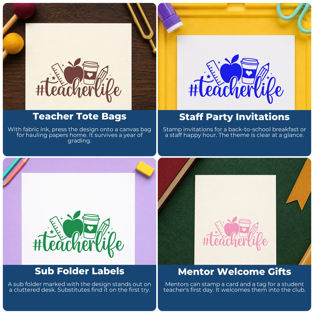 Four ways to use the Hashtag Teacher Life Rubber Stamp – Wood Handle: teacher tote bags, staff party invitations, sub folder labels and mentor welcome gifts.