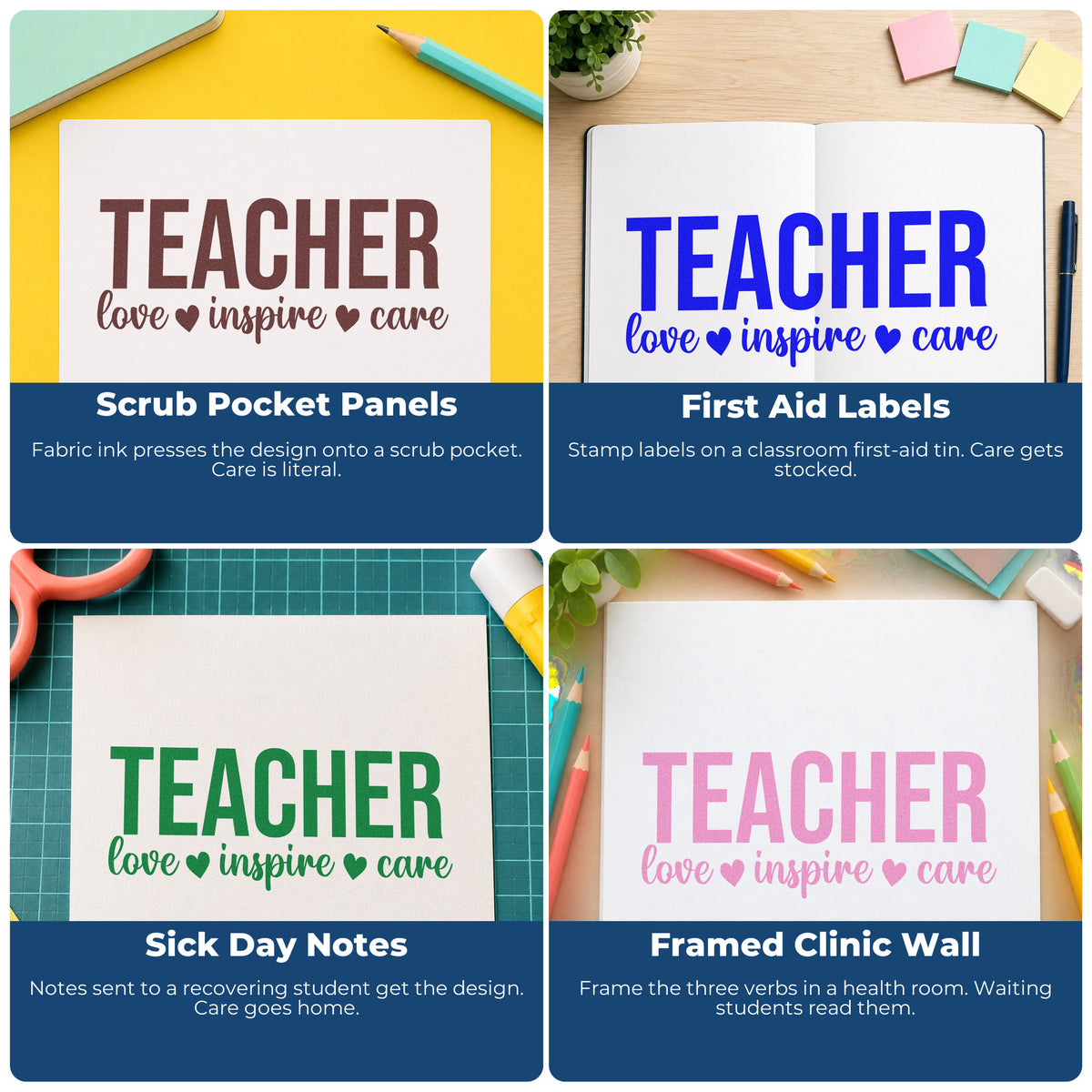 Four ways to use the Teacher Love Inspire Care With Hearts Premium Wooden Stamp - Vintage Pro: scrub pocket panels, first aid labels, sick day notes and framed clinic wall.
