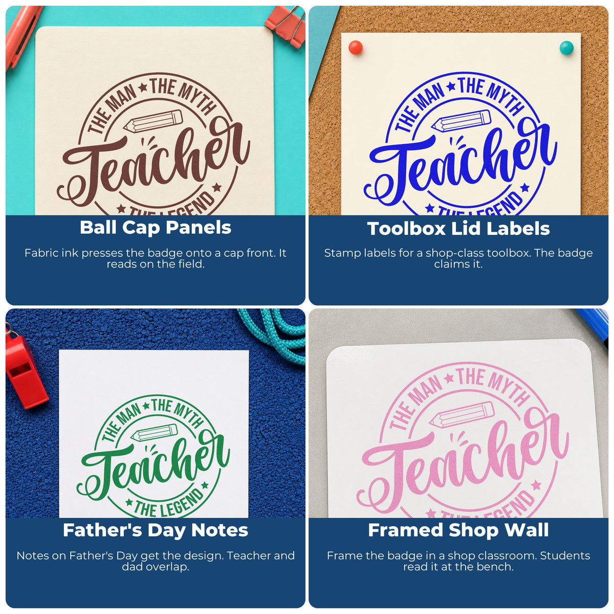 Four ways to use the Teacher The Man Myth Legend Duo Hand Stamp: ball cap panels, toolbox lid labels, father's day notes and framed shop wall.