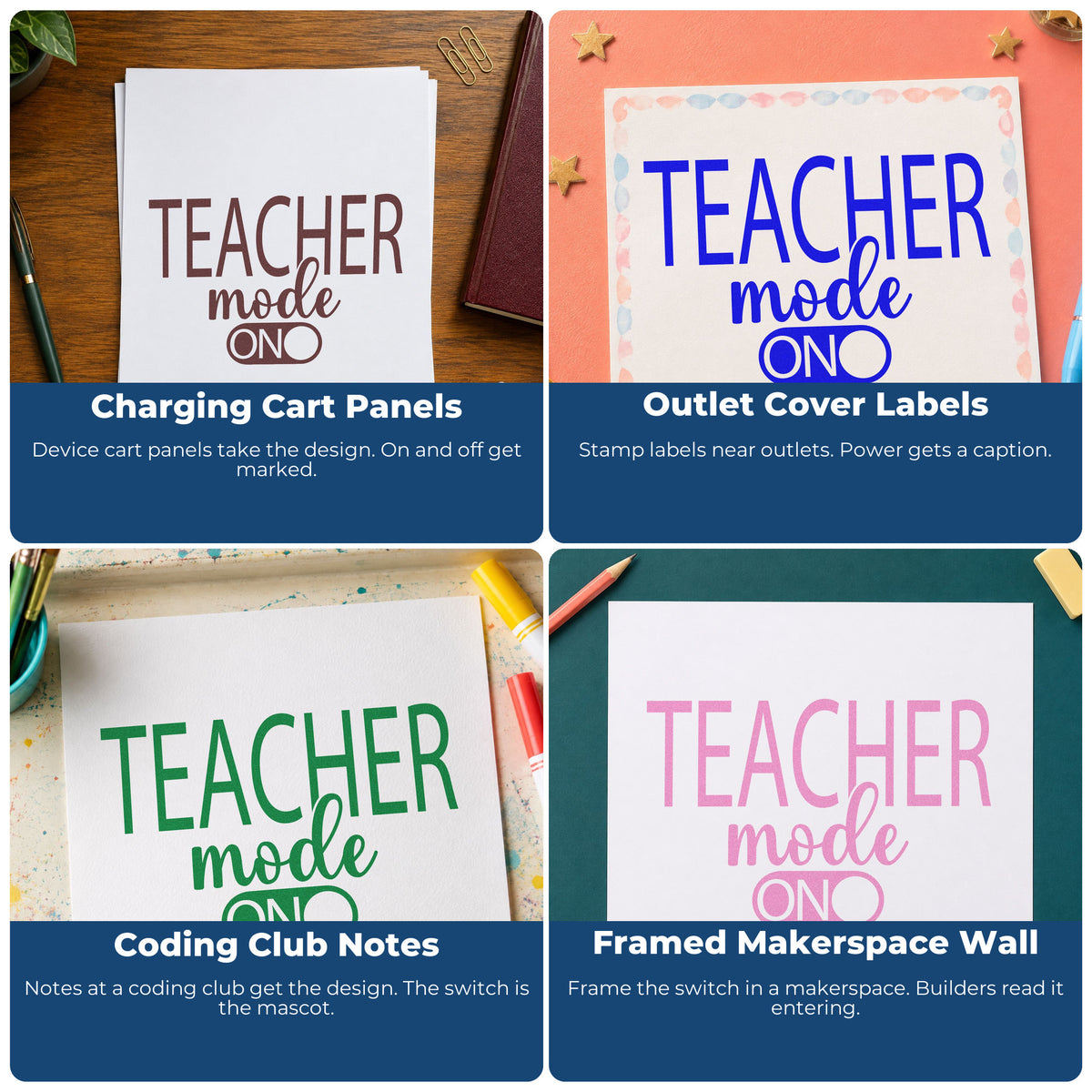 Four ways to use the Teacher Mode On Self-Inking Stamp: charging cart panels, outlet cover labels, coding club notes and framed makerspace wall.