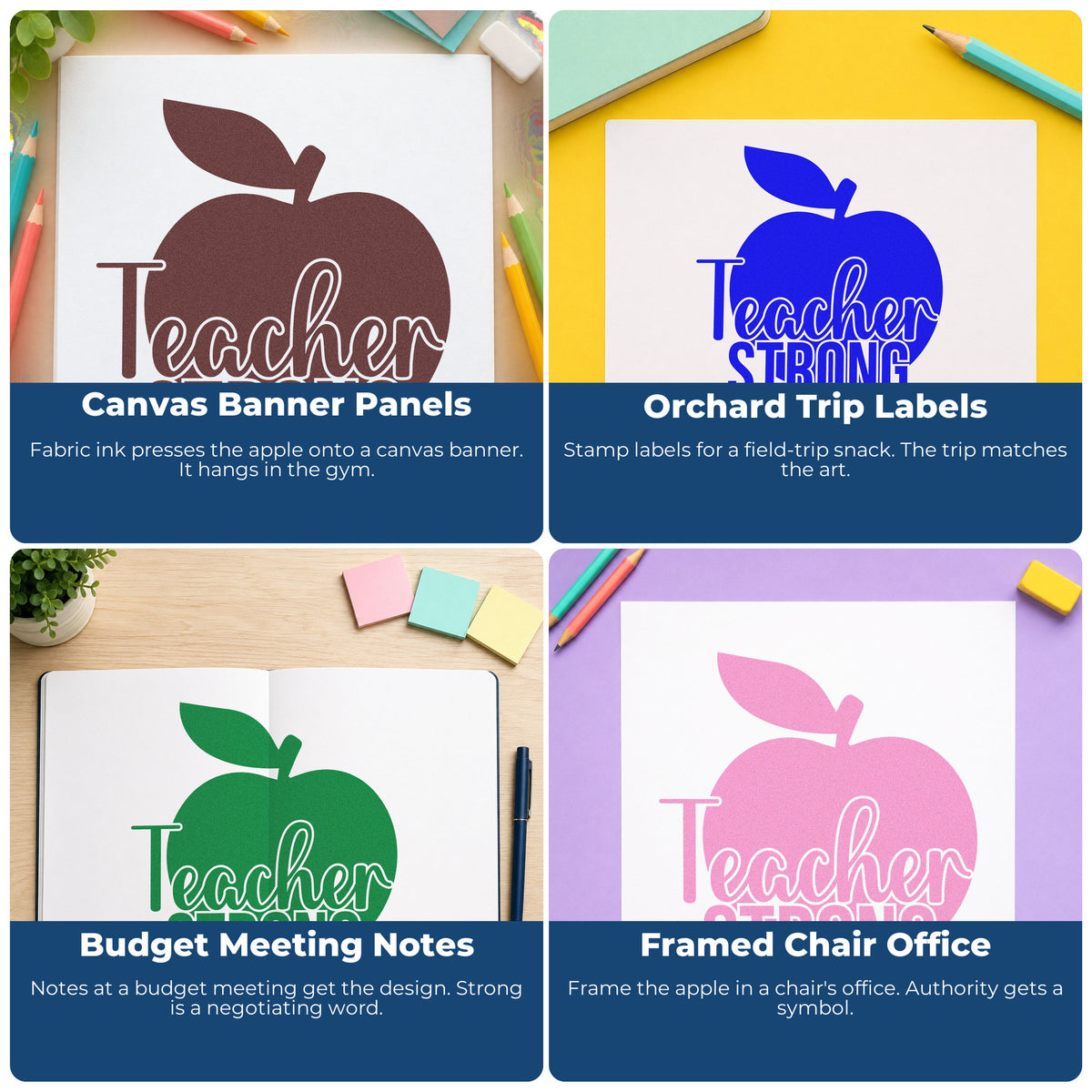 Four ways to use the Teacher Strong Apple Stamp – Self-Inking: canvas banner panels, orchard trip labels, budget meeting notes and framed chair office.