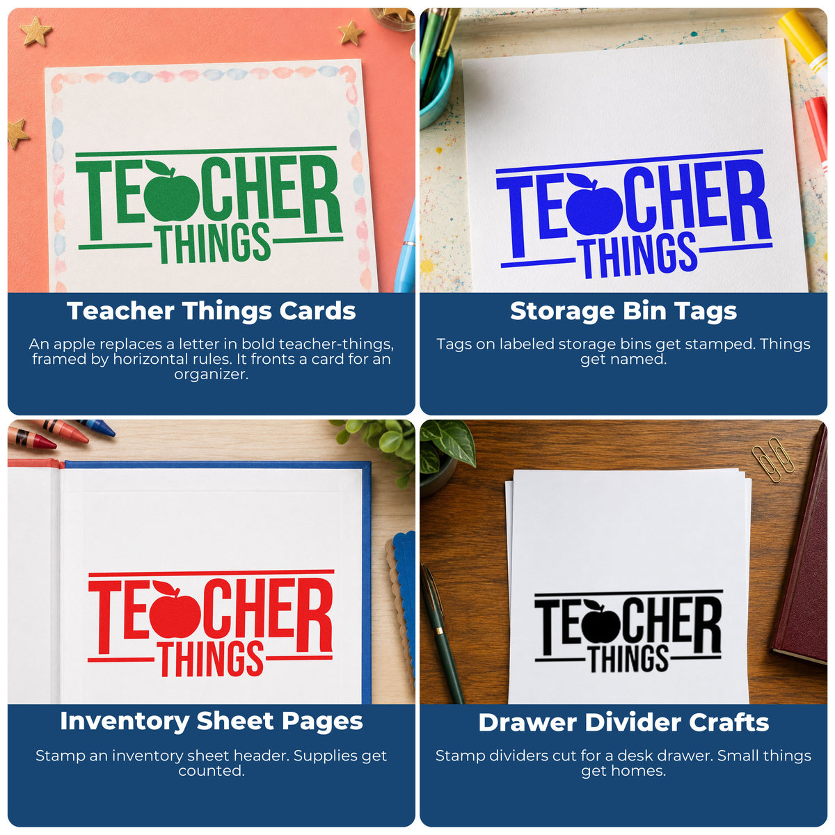 Four ways to use the Teacher Things Apple Slim Pre-Inked Stamp: teacher things cards, storage bin tags, inventory sheet pages and drawer divider crafts.