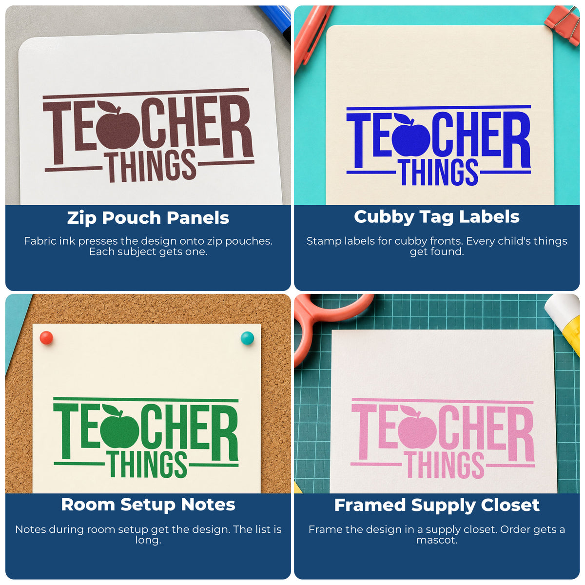 Four ways to use the Teacher Things Apple Self-Inking Stamp: zip pouch panels, cubby tag labels, room setup notes and framed supply closet.