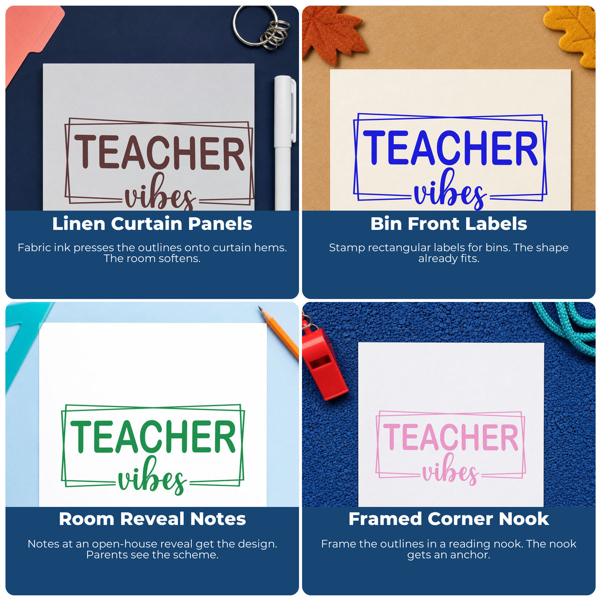 Four ways to use the Teacher Vibes Frame Rubber Stamp – Wood Handle: linen curtain panels, bin front labels, room reveal notes and framed corner nook.