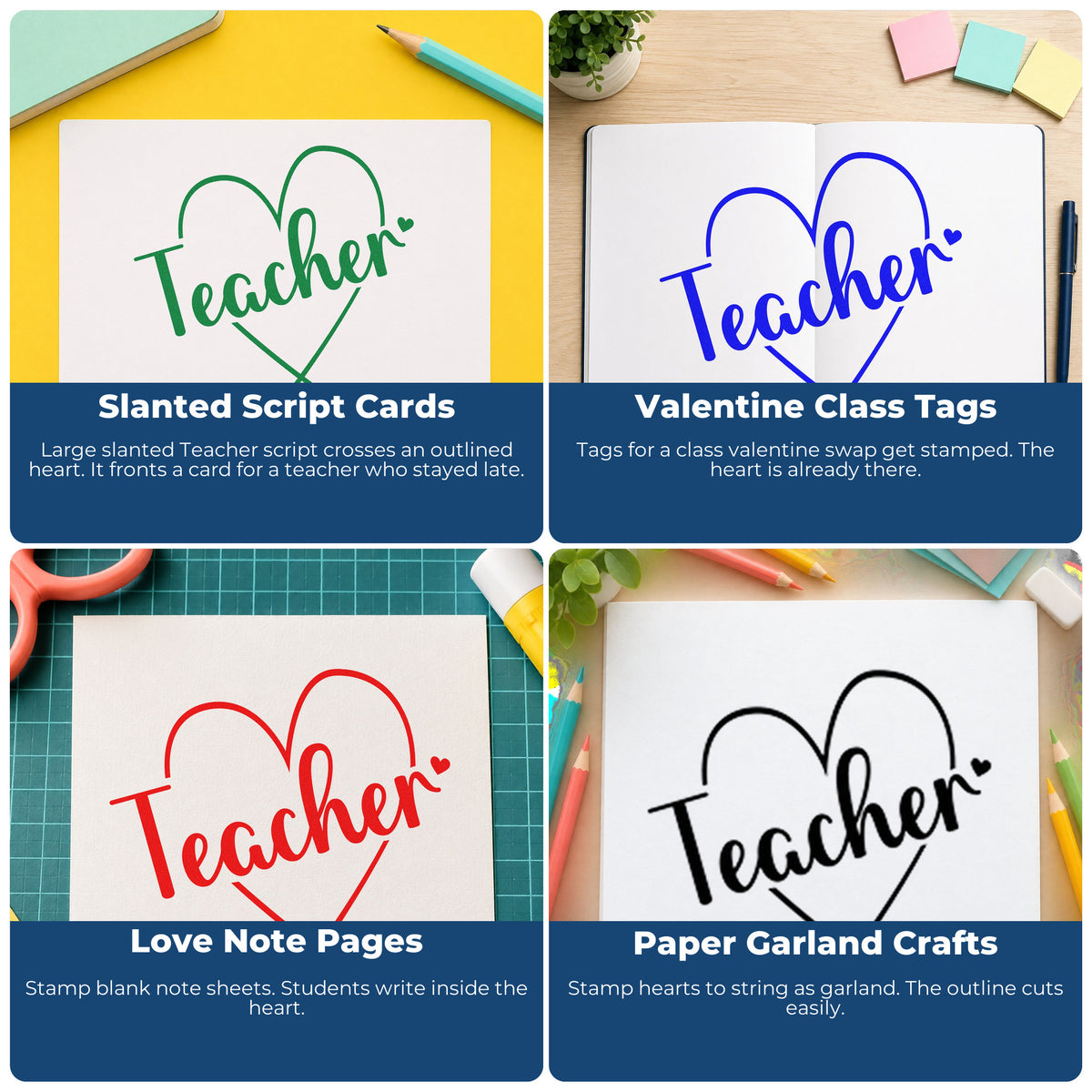Four ways to use the Teacher Heart Line Art Wood Handle Stamp: slanted script cards, valentine class tags, love note pages and paper garland crafts.