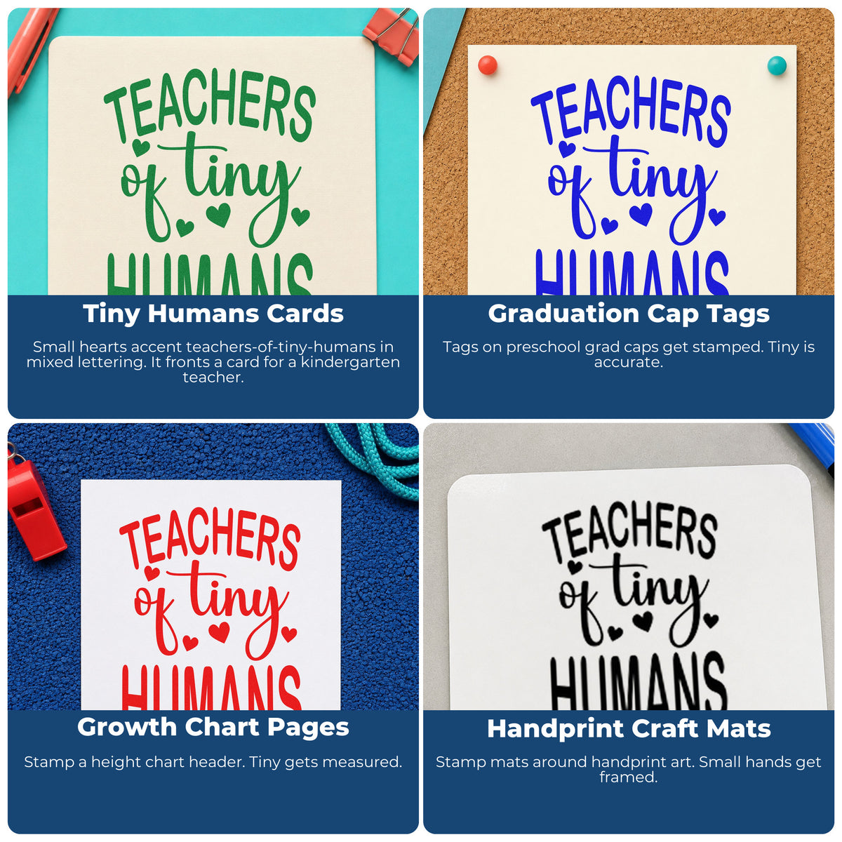Four ways to use the Teachers Of Tiny Humans Hand Stamp – Duo: tiny humans cards, graduation cap tags, growth chart pages and handprint craft mats.