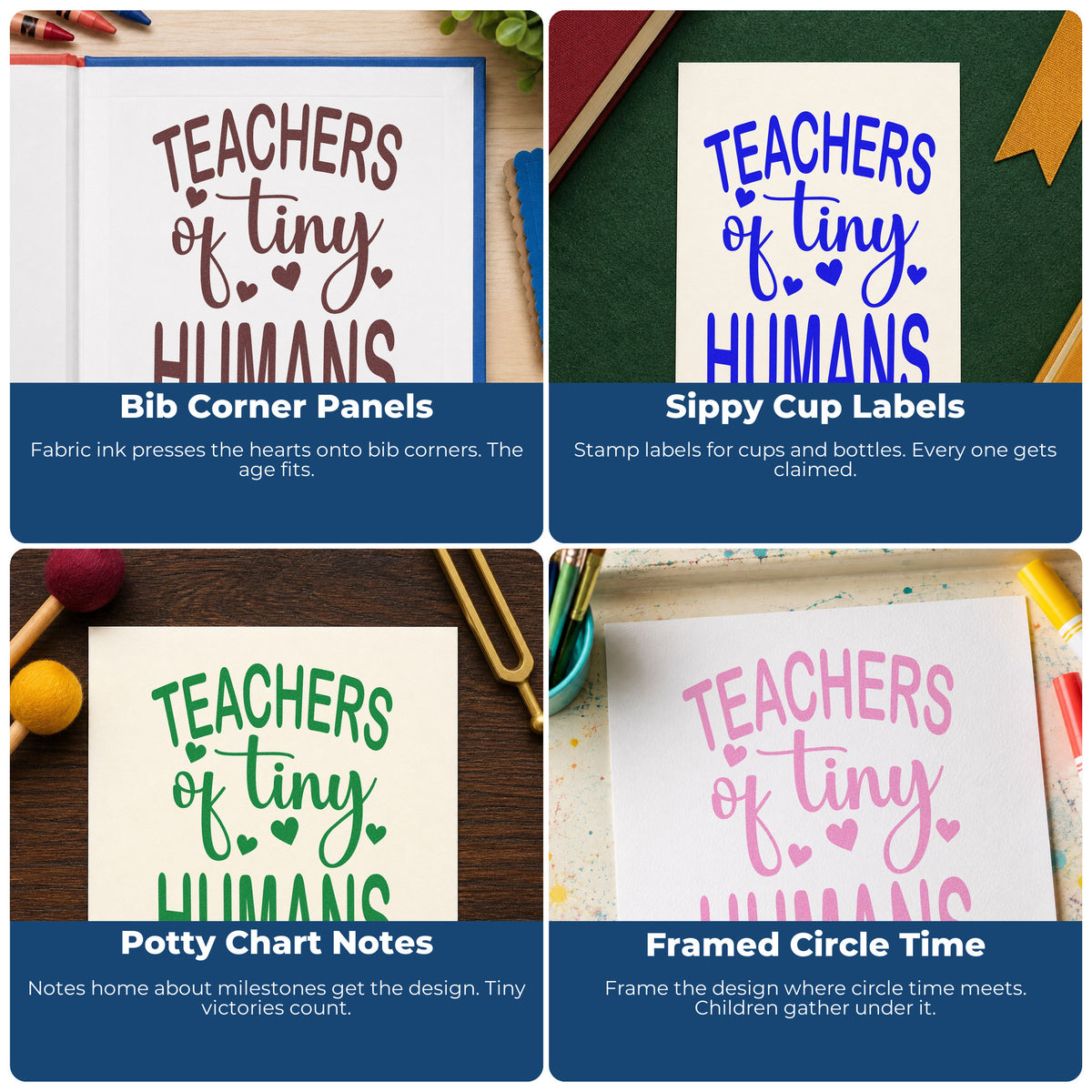 Four ways to use the Teachers Of Tiny Humans Hand Stamp – Duo: bib corner panels, sippy cup labels, potty chart notes and framed circle time.