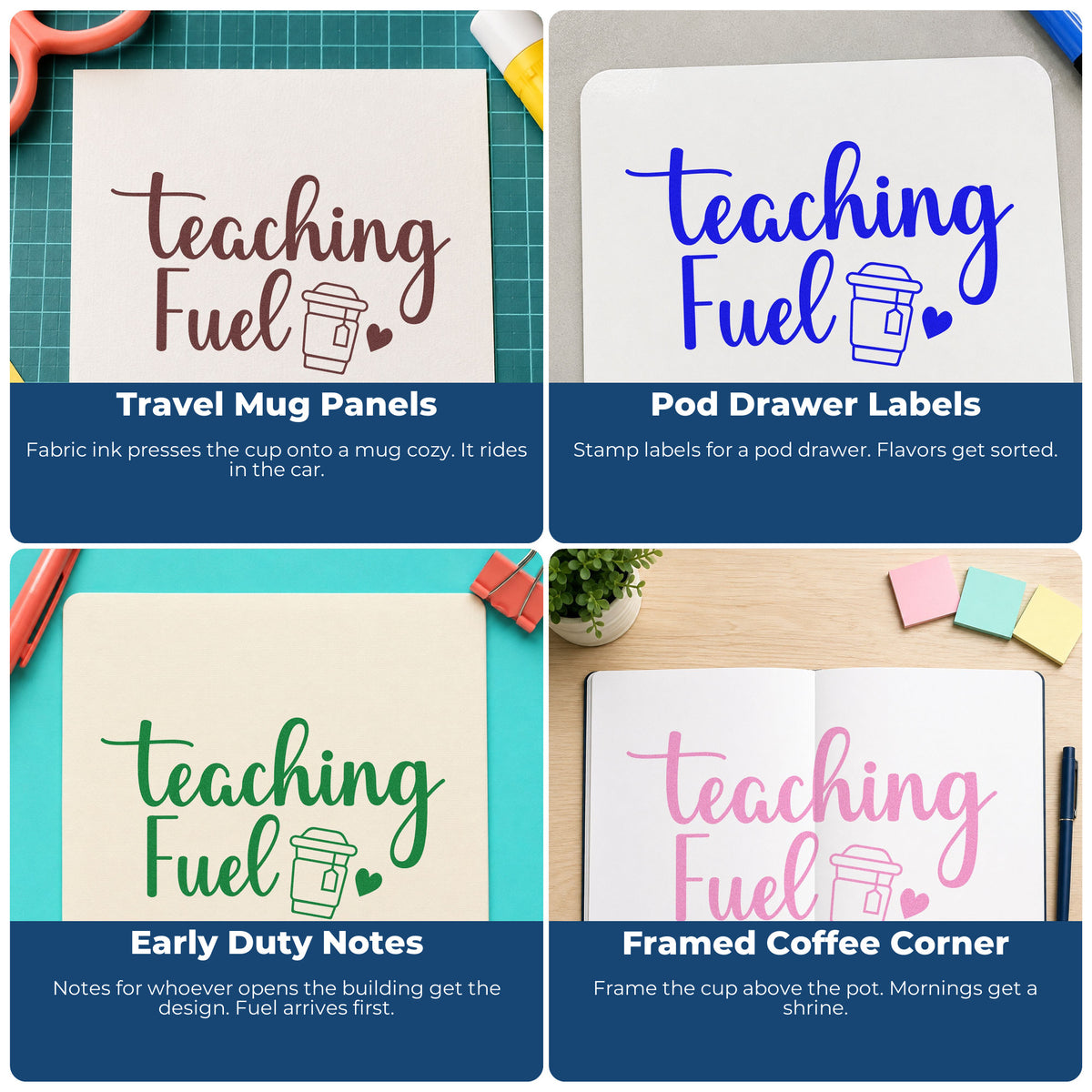 Four ways to use the Teaching Fuel Stamp – Self-Inking: travel mug panels, pod drawer labels, early duty notes and framed coffee corner.