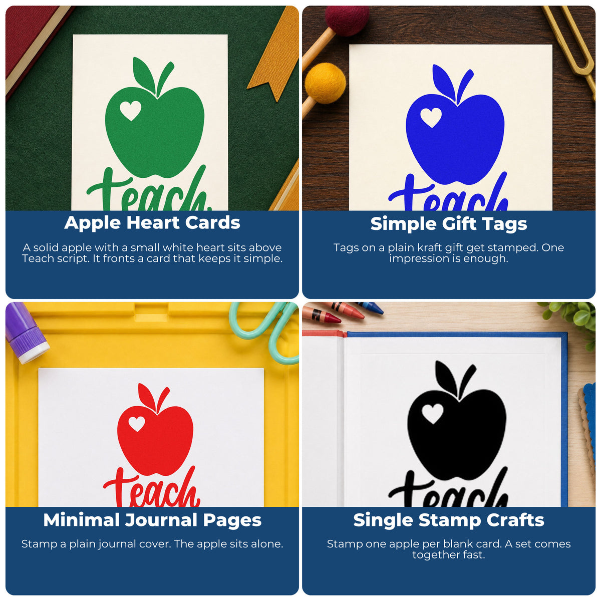 Four ways to use the Teach Apple Heart Script Lettering Rubber Stamp – Duo Hand: apple heart cards, simple gift tags, minimal journal pages and single stamp crafts.