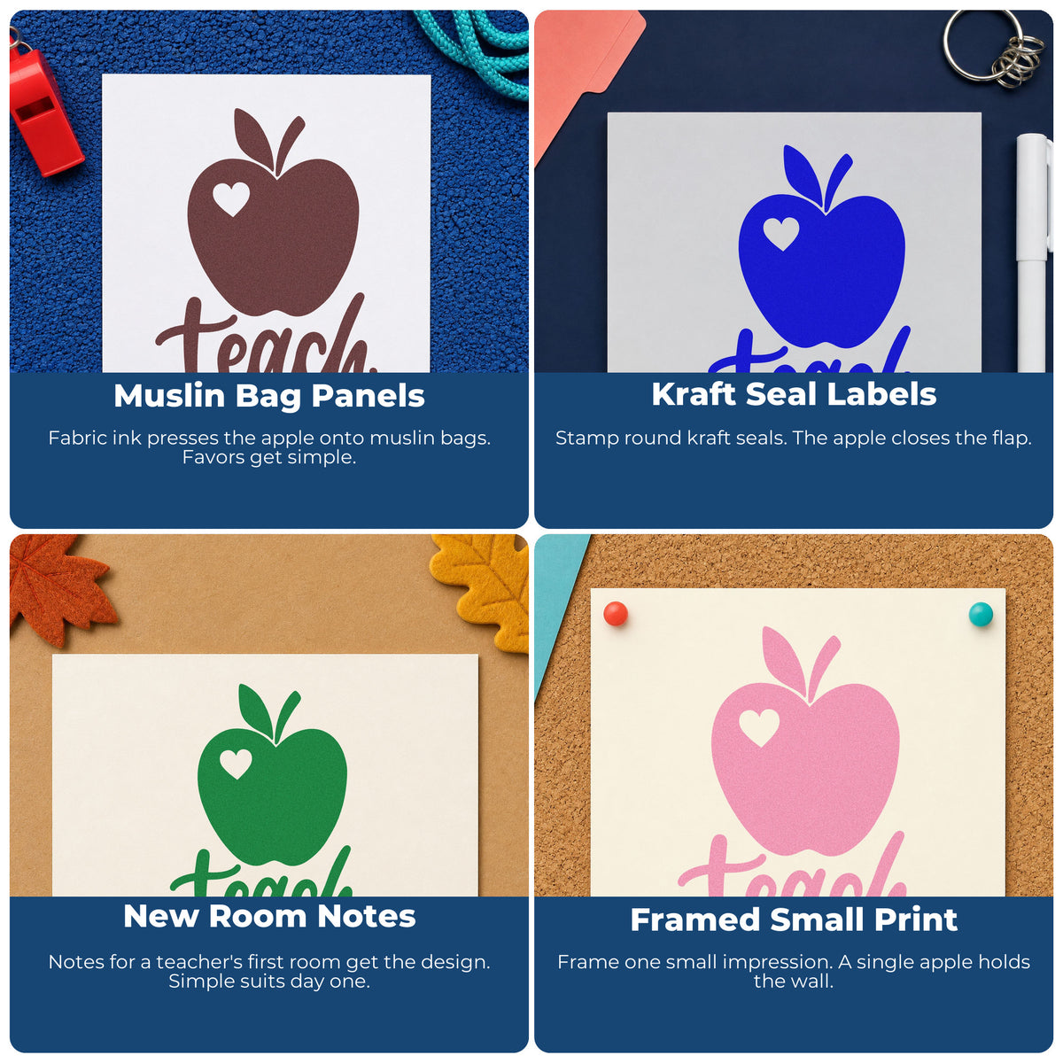 Four ways to use the Premium Wooden Teach Apple Heart Script Lettering Stamp - Vintage Pro: muslin bag panels, kraft seal labels, new room notes and framed small print.