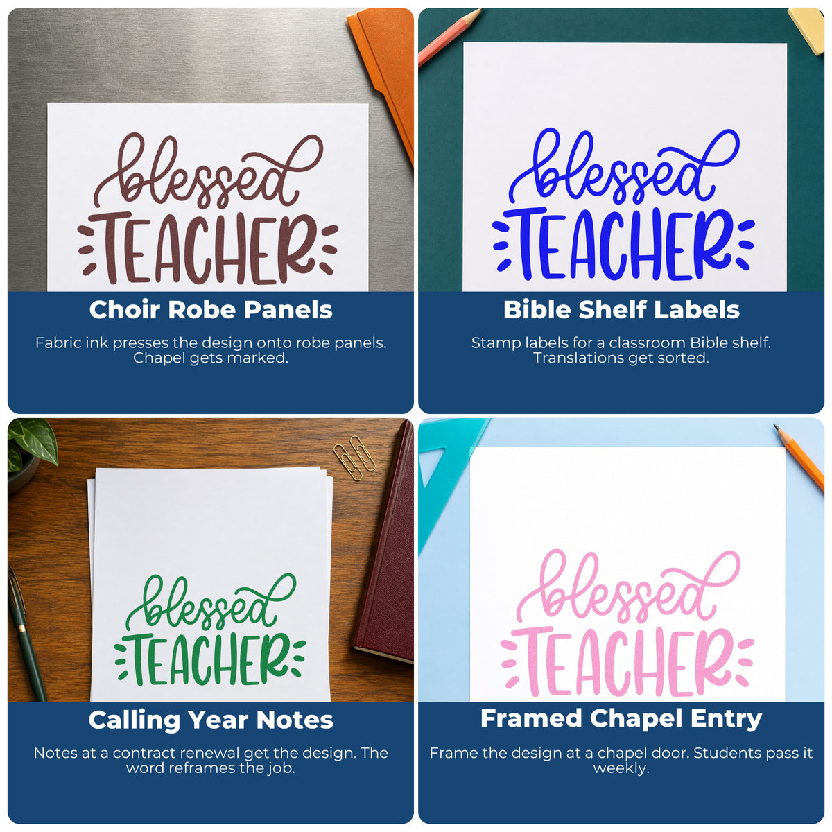 Four ways to use the Blessed Teacher Pre-Inked Stamp – Slim: choir robe panels, bible shelf labels, calling year notes and framed chapel entry.