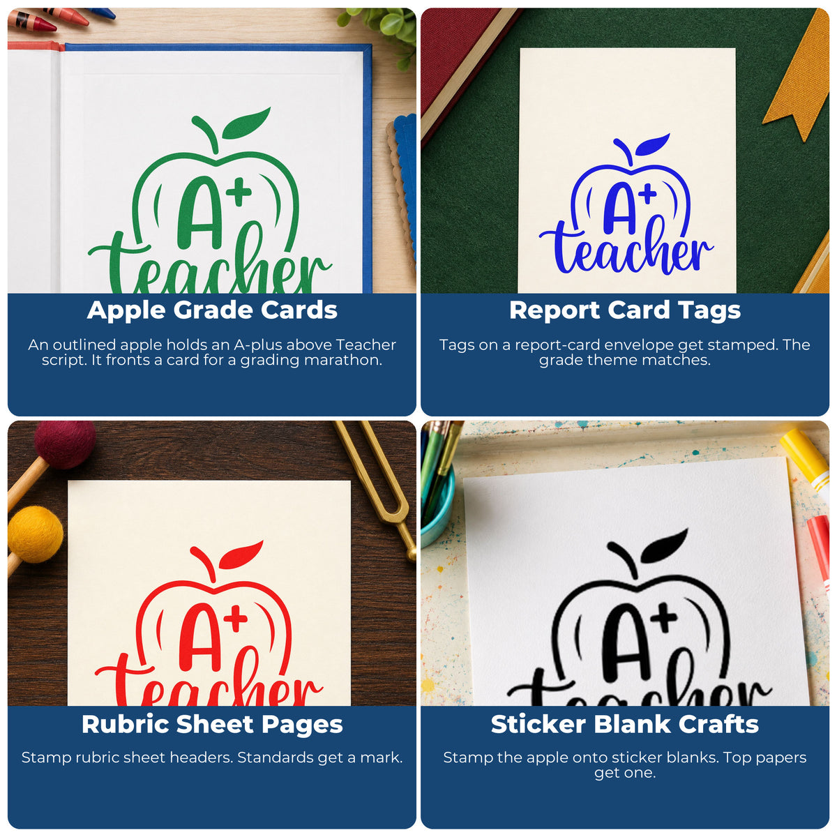 Four ways to use the A Plus Teacher Apple Stamp – Self-Inking: apple grade cards, report card tags, rubric sheet pages and sticker blank crafts.
