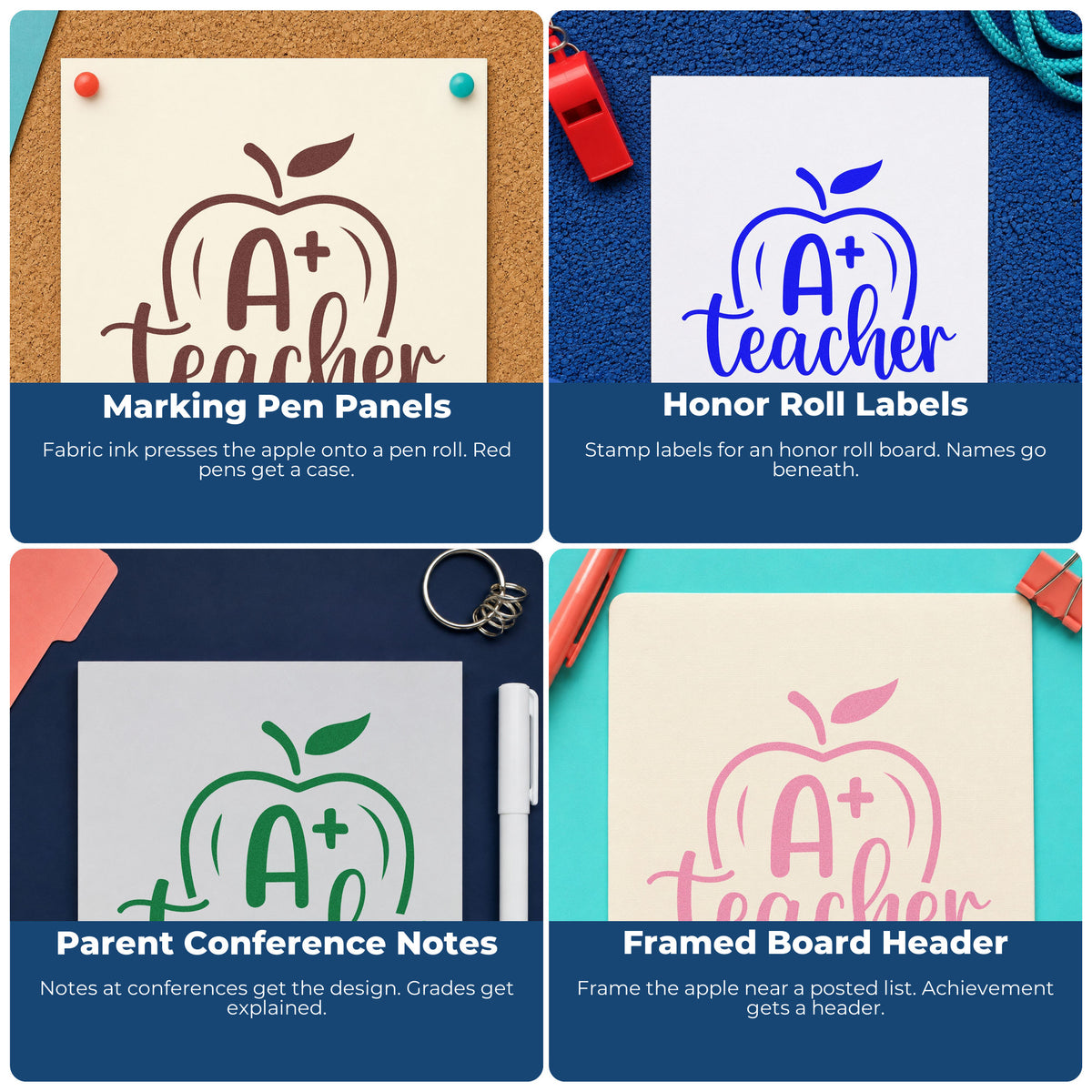 Four ways to use the A Plus Teacher Apple Rubber Stamp – Wood Handle: marking pen panels, honor roll labels, parent conference notes and framed board header.