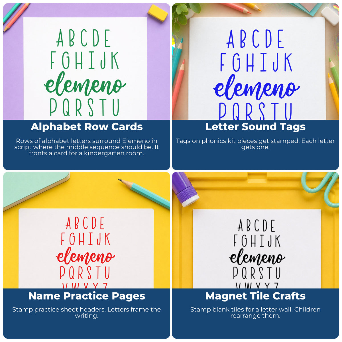 Four ways to use the Alphabet Elemeno Script Lettering Rubber Stamp – Duo Hand: alphabet row cards, letter sound tags, name practice pages and magnet tile crafts.