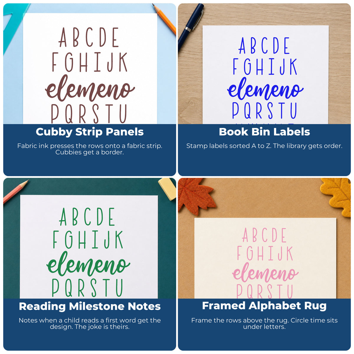 Four ways to use the Alphabet Elemeno Script Lettering Self-Inking Stamp: cubby strip panels, book bin labels, reading milestone notes and framed alphabet rug.