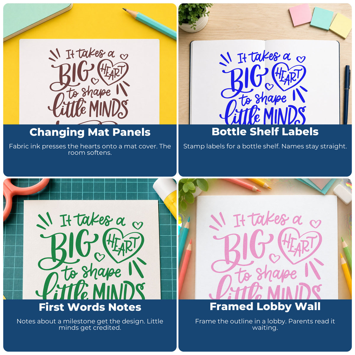 Four ways to use the It Takes A Big Heart To Shape Little Minds Stamp – Self-Inking: changing mat panels, bottle shelf labels, first words notes and framed lobby wall.